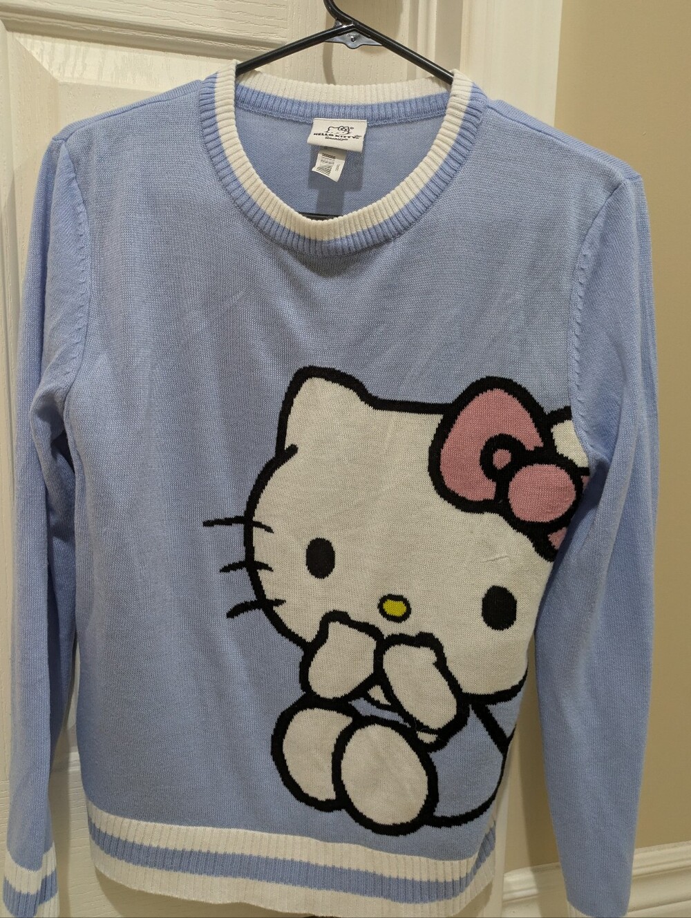 Sanrio Hello Kitty Light Blue Knit Sweater with White and Pink Details